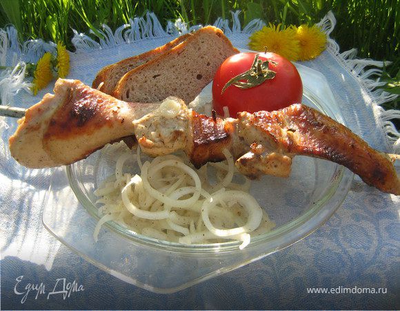 Свинину и куриную грудку порезать на куски(куски на Ваше усмотрение),крылья,бёдра и голени оставить целиком,всё мясо маринуем в смеси лимонного сока,соевого соуса,имбиря(натереть на тёрке) и приправ,лук режем кольцами,и перемешиваем с мясом,убираем всё мариноваться на ночь в холодильник.А утром берём с собой на дачу и жарим на мангале шашлыки -ассорти! На шампур нанизываем голень,жирок,кусок грудки,жирок и крылышко,ну и так далее...бёдрышко,жирок,грудку,крылышко.Ну очень вкусный шашлык! Рекомендую!!!