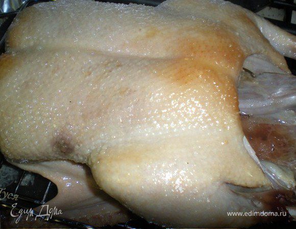 Начинаем запекать:
Духовку разогреть до 190гр.
В противень налить воду,сверху разместить решётку.
Птичку положить на решётку грудкой вверх.
Закрыть Всё фольгой(вместе с поддоном с водой)и поставить в духовку на 60-70 минут.