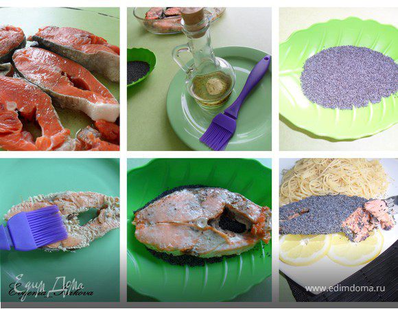 Кижуч готовила в духовке при 180 градусах, минут 30. Майонеза в холодильнике не нашла, поэтому обошлась маслом оливковым, солью и перцем. Обжареную рыбку слегка смазала с обеих сторон маслом, т.к. при жарке она немного подсохла. Масло нужно, чтобы мак лучше пристал. Ну и обваляла в маке. Вот и вся премудрость))