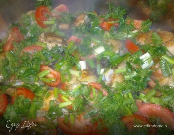 Выкладываем помидоры сверху на курицу в жаровню.Сверху нарезаем крупно зелень,накрываем крышкой ,добавляем 100 мл любого бульона или просто водички,и ставим на огонь ,сначала сильный,когда закипит .прикручиваем и оставляем на медленном огне на час не открывая крышку и не мешая.