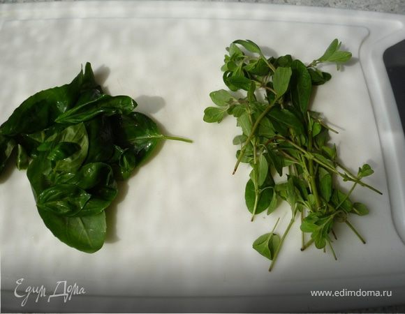 Майоран и базилик промыть, высушить, нащипать листья и мелко порубить. 