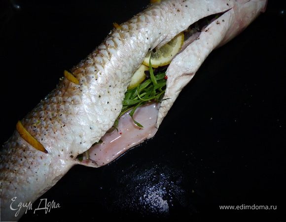 У пеленгаса сделать надрезы и вложить в них ломтики лимона. Внутрь заложить веточки тархуна, базилик и ломтики лимона. 