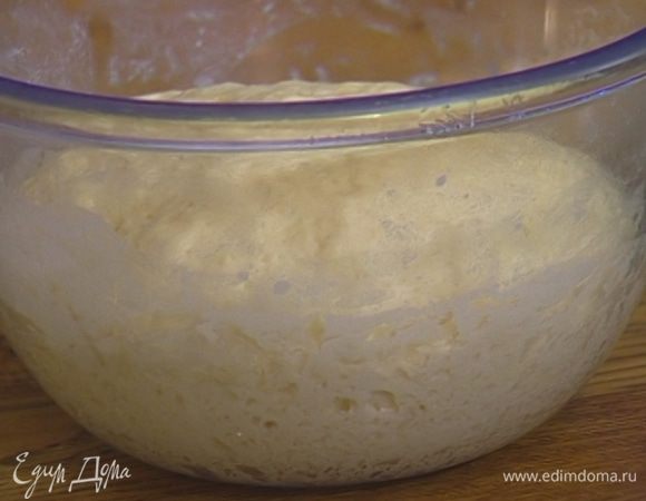 Влить растопленное масло и вымесить руками. Накрыть посуду с тестом влажным полотенцем и поставить в теплое место на 1–2 часа.