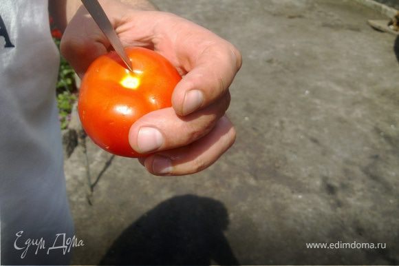 Когда картошка будет готова,помидоры накалываем со всех сторон кончиком ножа.Присаливаем еще раз бульон.