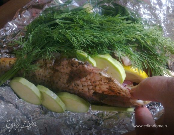 Под карпа выкладываем кружочки кабачка,вовонутроь кладем дольки лимона,кабачок.Обкладываем веточками зелени укропа.