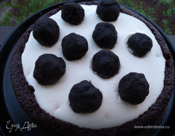Итак 1-й день - первый торт. Все было замечательно. Готовили 8 мая (за день до Маргаритыного ДР. Просто крестная не смогла бы приехать 9-го. А угощать тортом надо ;-))). Он мне понравился больше всего. Плюсы на другими: 8 ст ложек Черного! какао (не коричневого)! Второй плюс: зернистый творог. из-за него Суфле получилось ооочень плотным и при резке ножом торт очень хорошо держался.... Но есть минусы. Во-первых: шарики нужно было делать меньшего размера. Во-вторых после 13 шага нужно было меньше выжидать, суфле сильно схватилось и шарики я не смогла утопить... :-))) (вернее меня просто оторвали от работы).
