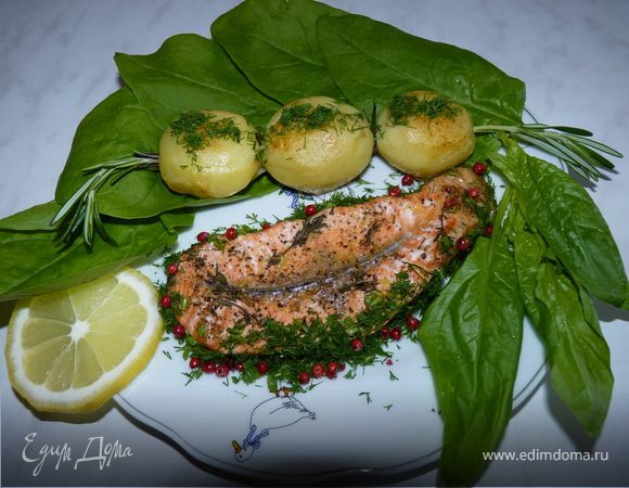 На тарелку выложить медальон форели, обсыпать укропом и розовым перцем, картофель на розмариновой веточке, украсить листьями салата и ломтиком лимона.