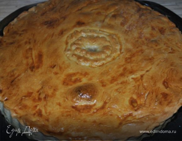 Меньшую часть раскатать, сделать в центре отверстие и уложить на начинку. Края теста хорошо защипать.
Смазать пирог желтком, взбитым с молоком и выпекать при тем-ре 180 гр. около часа.
Смачного!