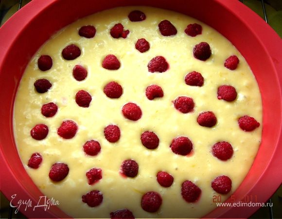 Форму для выпечки смазать маслом и присыпать мукой.Вылить треть теста,высыпать половину ягод,затем вылить ещё одну треть теста,высыпать  оставшиеся ягоды и покрыть их остатками теста.Выпекать при t 180*C до готовности(ок 40-50 мин.)Подавать со сметанным кремом,взбитыми сливками или просто посыпав сахарной пудой.Приятного аппетита!