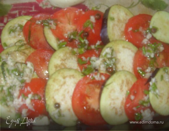 Выкладываем попеременно в жароупорную емкость баклажан и помидор.Сверху поливаем соусом(половиной)