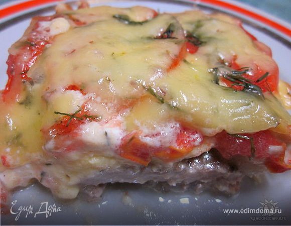 В лоток для запекания укладываем слой лука, затем свинину, солим, перчим, сверху ещё слой лука. Ставим в духовку разогретую до 200 гр. минут на 15-20. Затем посыпаем мягким сыром и смазываем всё майонезом. Опять в духовку ещё минут на 20. Затем укладываем слой тонко порезанных помидоров, посыпаем твёрдым сыром и укропом. И ещё раз в духовку минут на 10. Приятного аппетита!