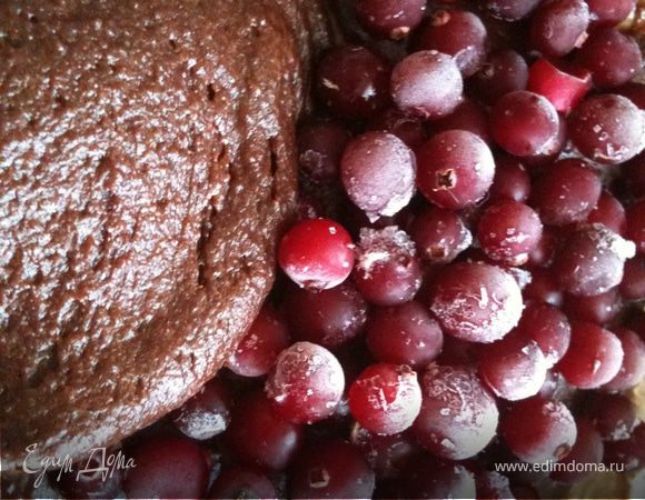 Все перемешиваем при помощи ложки. Яйцо с сахаром, затем вливаем растопленное сливочное масло и растительное масло. Солим. Добавляем муку, какао, ванилин, разрыхлитель и вымешиваем густое тесто. Добавляем клюкву (ее можно не размораживать).