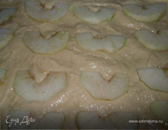 Выложить тесто на смазанный маслом противень,сверху ровными рядами яблоки выложить слегка вдавливая их в тесто.