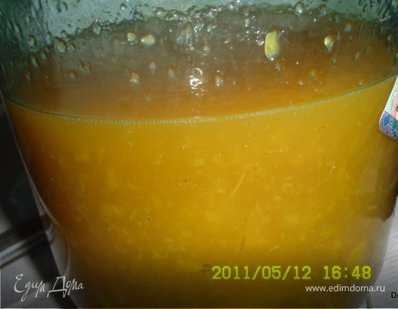 Засыпать персики сахаром,влить коньяк,сок, половину вина и настаивать в холодном месте несколько часов.