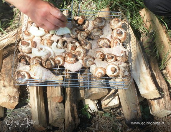 Берем грибочки моем и чистим (муж мой когда готовит не чистит). Хорошо-хорошо - прихорошо солим (если плохо посолить грибы будут никакие, перчим и укладываем в барбекюшницу (гриль) лучше вместе с мясом, а можно и без мяса))