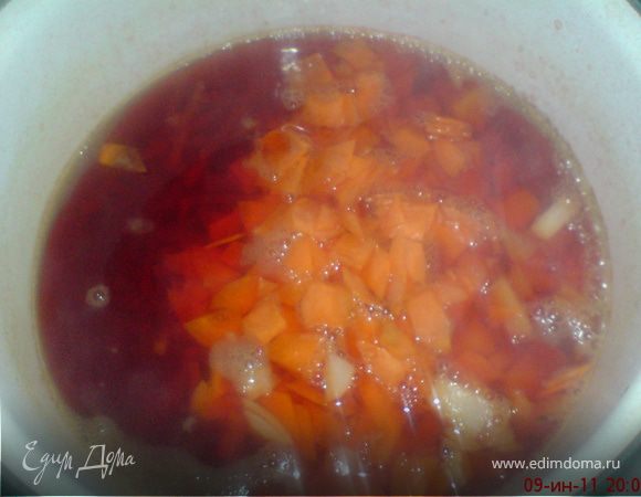 в отвар с готовой свёклой добавить картофель,лук,морковь,варить 20 минут