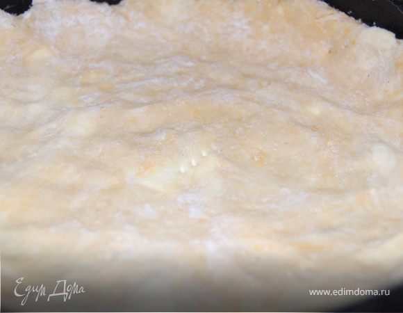 Сначала тесто – смешали холодное масло с просеянной мукой, солью и яйцом, быстро-быстро замесили и минимум на час в холодильник. Когда тесто охладилось,то форму слегка смазали маслом, присыпали сухарями, тесто у нас мягкое и податливое, распределили его по форме, выложили бортики, проткнула местами вилкой.