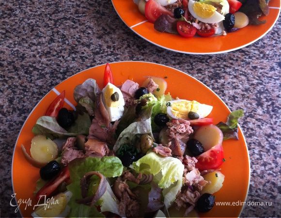 Листья салата промойте и просушите. Разложите на тарелке. Кружочками нарезанный картофель разложите поверх листьев, выложите полукольца красного лука, слегка сбрызните приготовленным соусом. 