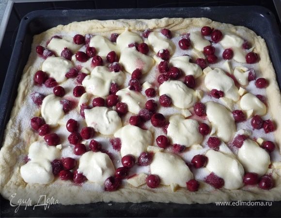 ...положила половину вишни и всю сметану. Затем доложила оставшуюся вишню и сахар.