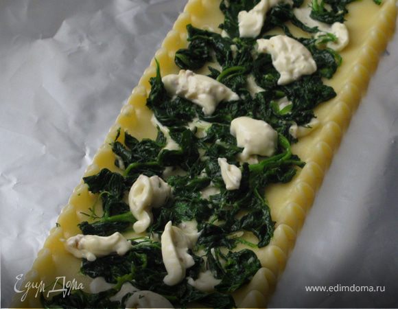 Листы лазаньи отварить в подсоленной воде в большой кастрюле. Выложить готовые листы на какую-то выпуклую большую поверхность (я использовала перевернутые дуршлаги) , чтобы стекла жидкость. Если все сразу не помещаются, ничего страшного, часть может находится в воде, пока первая партия подсыхает. Происходит это достаточно быстро.
Распределите  равномерно начинку, сверните лист лазаньи рулетиком и положите в форму для выпечки швом вниз.