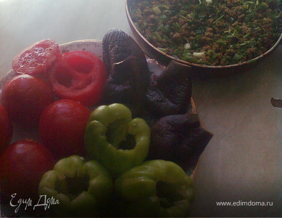 фарш обжарить с луком,добавьте зелень по вкусу,помидоры отрезать верхушки и почистить внутрь(не выбрасывайте),сладкий перец тоже очистить внутренности,баклажаны сделать по середине надрез по длине и положить в горячую воду прокипетить минут 5,вынуть раскатать по столу и выжить воду
