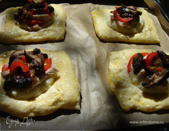 Выложить на тесто по одной полной ложке пюре.На пюре выложить остальную начинку.Тесто смазать желтком с водой.