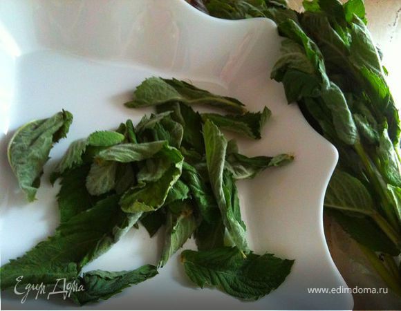 Аккуратно оборвем листики мяты и промоем их. 