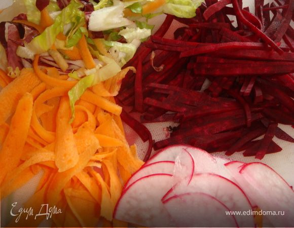 Все корнеплоды тщательно промыть, морковь и свеклу очистить от кожуры. Редис нарезать тонкими, почти прозразными полу ломтиками, морковь с помощью овощечистки нарезать на длинные тонкие полоски, свеклу нашинковать тонкой соломкой.  Отделить листики укропа, стебли нам не понадобятся, их можно использовать для овощного бульона. Ломтики лимона нарезать на 6-8 частей. Листья салата тонко нарезать или нарвать руками. Соединить все вместе, заправлять перед подачей. 