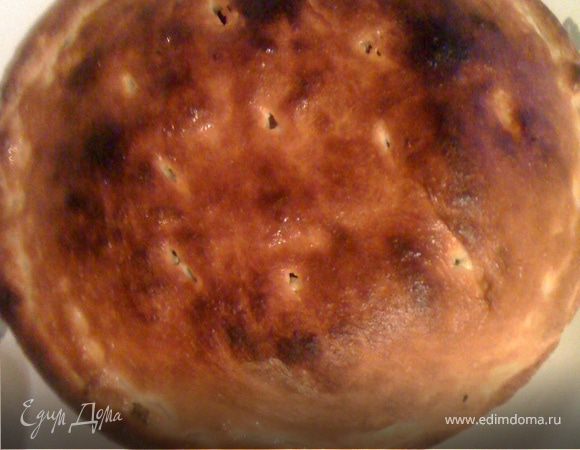 Закрываем тонким слоем теста. Делаем в крышке небольшие дырочки  и в духовку до готовности.