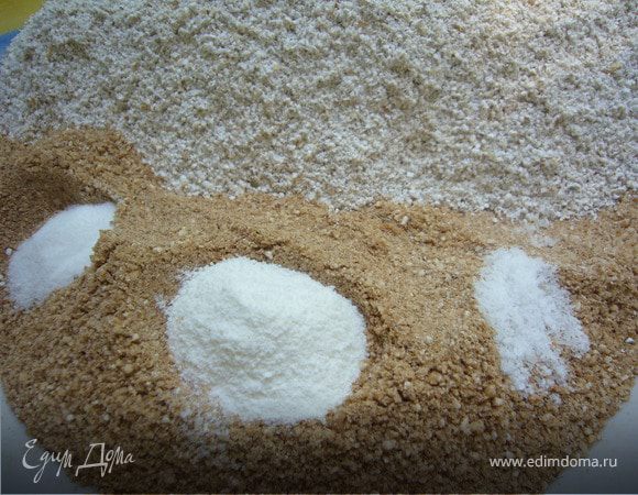 Смешать гречневую и овсяную муку+разрыхлитель+сода+соль.