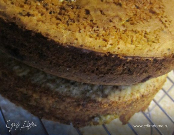 духовку разогреть до 180 гр.
Форму (24 см) застелить пергаментом.
Выложить тесто.
Выпекать 35-40 минут.
Охлажденный бисквит разрезать на 4ре коржа.