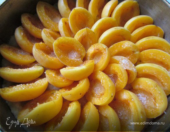 Дно разъемной формы застелить бумагой для выпечки и руками распределить тесто, сделав небольшие бортики. Абрикосы разрезать пополам, удалить косточку и красиво выложить на тесто. Слегка посыпать сахарным песком и поставить в духовку разогретую до 200*