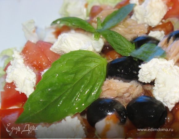 Зелень порезать без  палок :), фету, томаты нарезать кубиками, консервированный куском тунец слегка размять, чили измельчить. Все  перемешать с фасолью и заправить маслом. По желанию добавить немного черных оливок и базилик. 