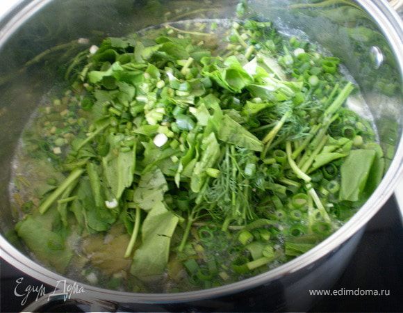 Имейте в виду ,что травам требуется разное время,чтобы дойти:

Шпинат будет готов через 5 мин,а щавель нужно держать чуть дольше.

