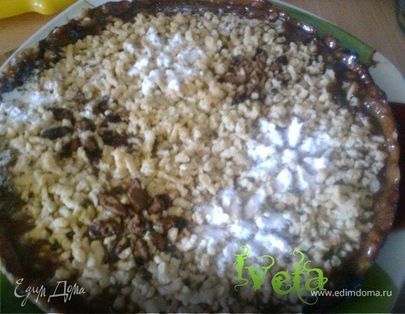 Форму ставим в разогретую духовку до 180*С на 1 час.Перед подачей пирог как следует остудить.Украшаем сахарной пудрой и порошком какао.

