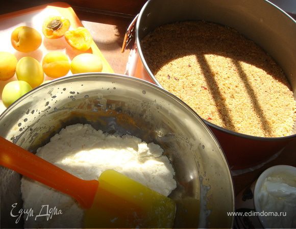 Печенье измельчить в крошку и смешать с маслом. Дно формы выложить получившейся массой, хорошенько примять. Запечь при температуре 175С в течении 5 минут.