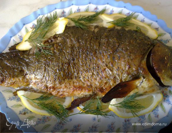 Приготовить маринад:
В блендере измельчить базилик, тимьян, чеснок, посолить-поперчить, добавить лимонный сок и этим маринадом обмазать карпа и мариновать несколько часов.  Маринада должно быть много, так, чтобы сверху он он лежал тонким слоем. Выложить в форму для запекания и запечь в духовке до готовности. 
