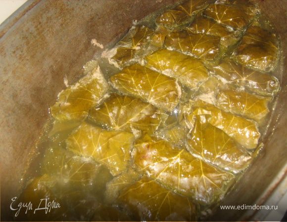 Уложить плотно в кастрюлю. Залить водой в уровень с верхним слоем долмы. Тушить около часа. Вода должна почти полностью впитаться.