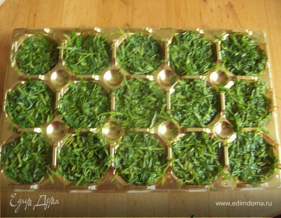 возмите формочки для льда(я использую ячейки от конфет Тофифи из них лед легко вываливается) и плотна набейте ячейки зеленью, затем добавьте немного  ХОЛОДНОЙ воды и еще раз утрамбуйте. зелень должна быть полностью мокрая. поставьте в морозилку на час. Через 20 минут, после того как вы поставили форму в морозилку провельте всяли зелень стала покрываться льдом. Если увидете, что где-то воды явно не достаточно долейте.