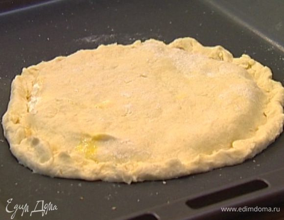 Уложить одну лепешку на смазанный оставшимся сливочным маслом противень, равномерно распределить по всей поверхности теста начинку, посыпать орегано, сбрызнуть оливковым маслом и накрыть второй лепешкой. Края защипнуть.