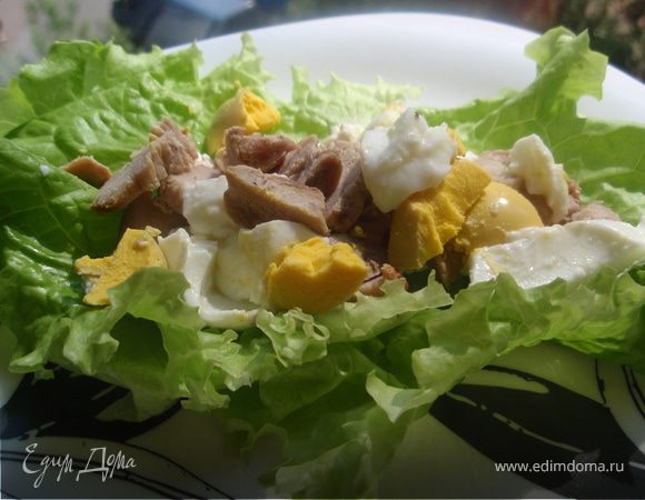 Выложим мясо и яйцо на листочки. 