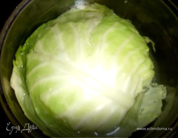 Капусту вымыть, разобрать на листья, Выложить 20 листьев(у меня получилось столько) в кипящую подсоленную воду на несколько минут. Откинуть на дуршлаг, остатки мелко нарезать