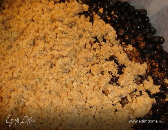 Одну половину выложить на дно формы, прижимая плотно ко дну руками. Сверху выложить ягоды черники, 