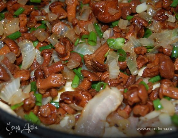 Зеленый лук вымыла и смешала с грибами и панчеттой. Выложила на тесто.