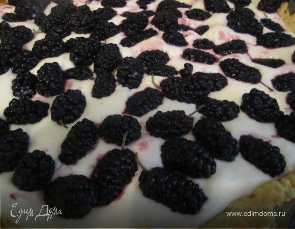 Выложить крем в форму с тестом.
Помыть ягоды, выложить на крем.