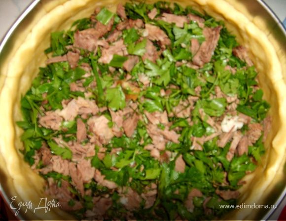 а теперь укладываем начинку: 1 слой- мясо с зеленью