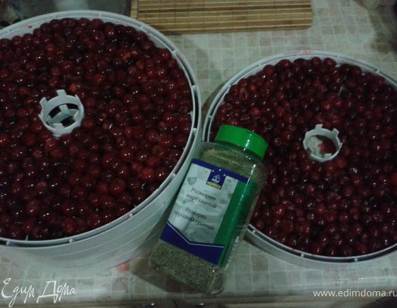 Почти все ягоды я посушила в электросушке (дегидраторе). Половину лотков просто. А вторую половину решила посушить с розмарином. Уж очень мне нравиться сочетание вяленой вишни и розмарина. Потом при выпечке пригодится.