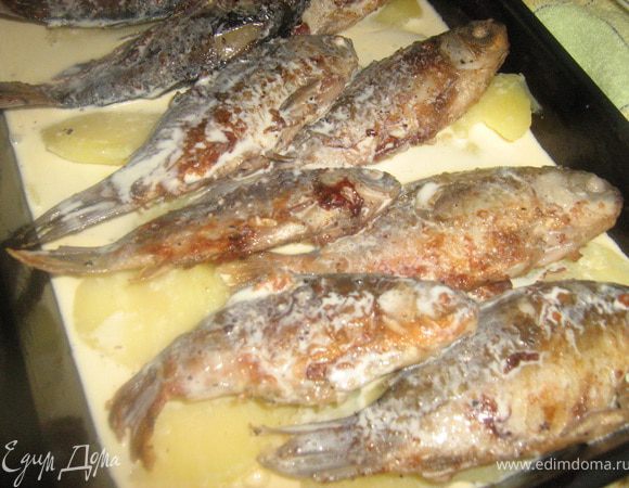 Выложить рыбку на картофель и залить сливками. Запекать на среднем огне, пока сливки не впитаются.
Когда все готово, посыпать сыром и оставить в духовке на 1-2 минуты.