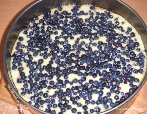 Тесто вылить в форму, поставить в духовку и выпекать 15 минут.
Затем вынуть из духовки, выложить сверху остальную чернику, слегка вдавить ягоды в тесто и снова поставить в духовку на 30-40 минут.