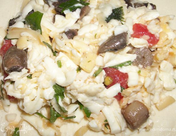 Грибы мелко порезать и обжарить, помидор ошпарить снять кожицу и измельчить. Потом добавить все это в сырную смесь.